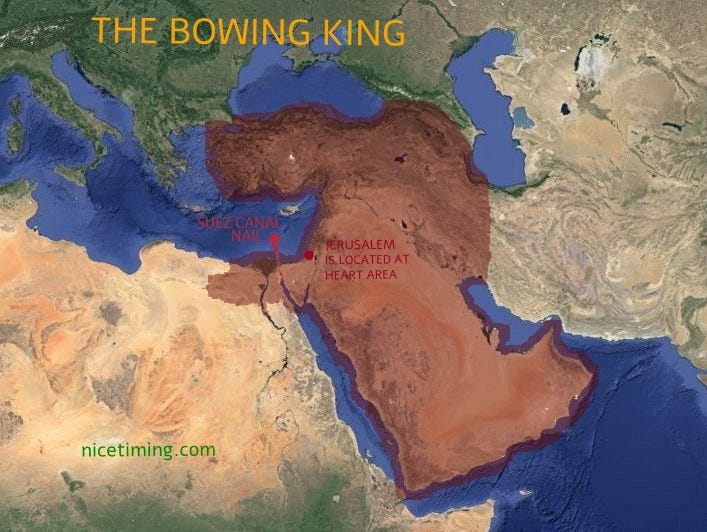 The bowing king, showing Suez Canal nail location