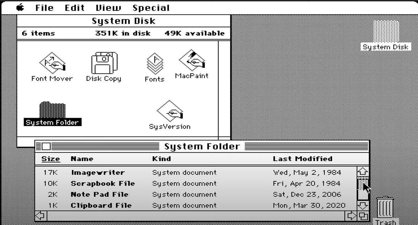 Screenshot Navegando por el sistema de gestion de ficheros en Mac OS System 1.0.