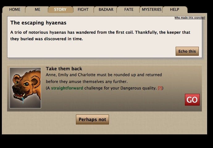 Screenshot from Echo Bazaar showing a now-dated looking interface, showing a storylet called "The escaping hyaenas."