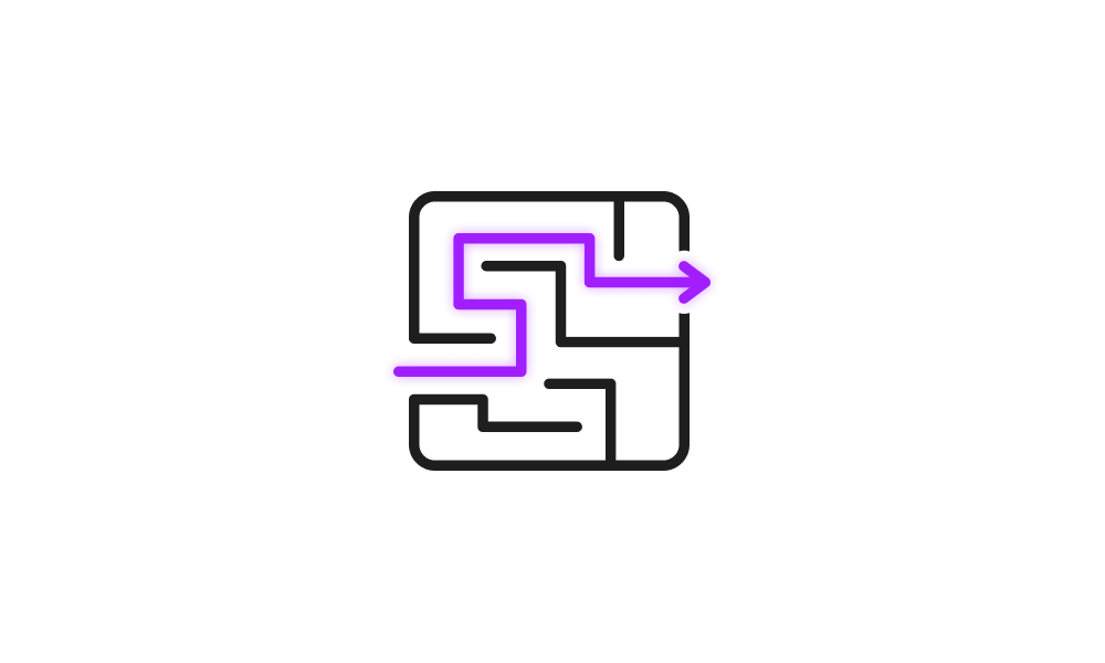 A maze with a purple arrow showing the way.