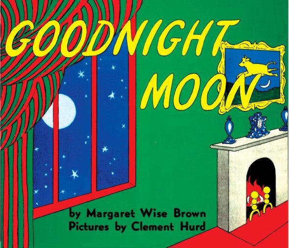 The cover of “Goodnight Moon” by Margaret Wise Brown, Pictures by Clement Hurd. The cover depicts a bedroom with green walls and a red-framed window with the red and green striped curtains draw to reveal a blue night sky with a full moon and stars. On the right side of the window is a gray fireplace with blue vases on top and a painting of a golden cow jumping over a moon.  