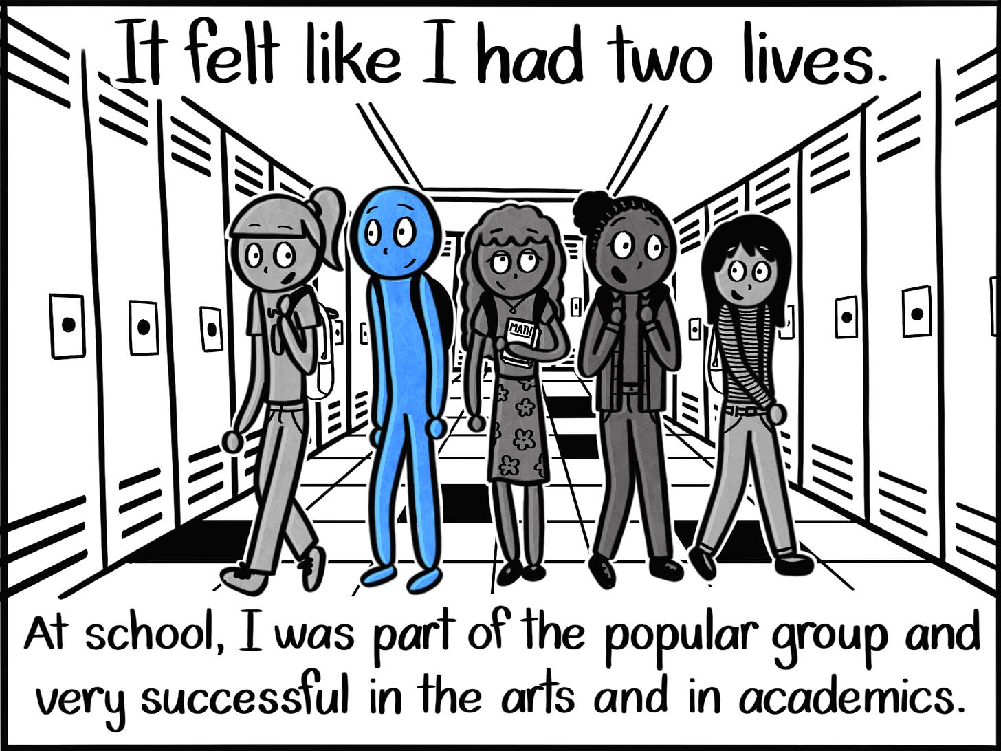 Caption: It felt like I had two lives. At school, I was part of the popular group and very successful in the arts and in academics. Image: Five teenage characters walk down a school hallway surrounded by lockers. From left to right, a sporty girl with a blonde ponytail, the Blue Person, a tan-skinned girly girl with long curly hair wearing a floral skirt and clutching a math book, a dark-skinned tomboy with a curly bun and a jacket, and a short dark-haired girl with a striped shirt and jeans. 