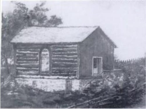 A sketch of the original Hamilton jail. A small log house building, with a stone foundation.