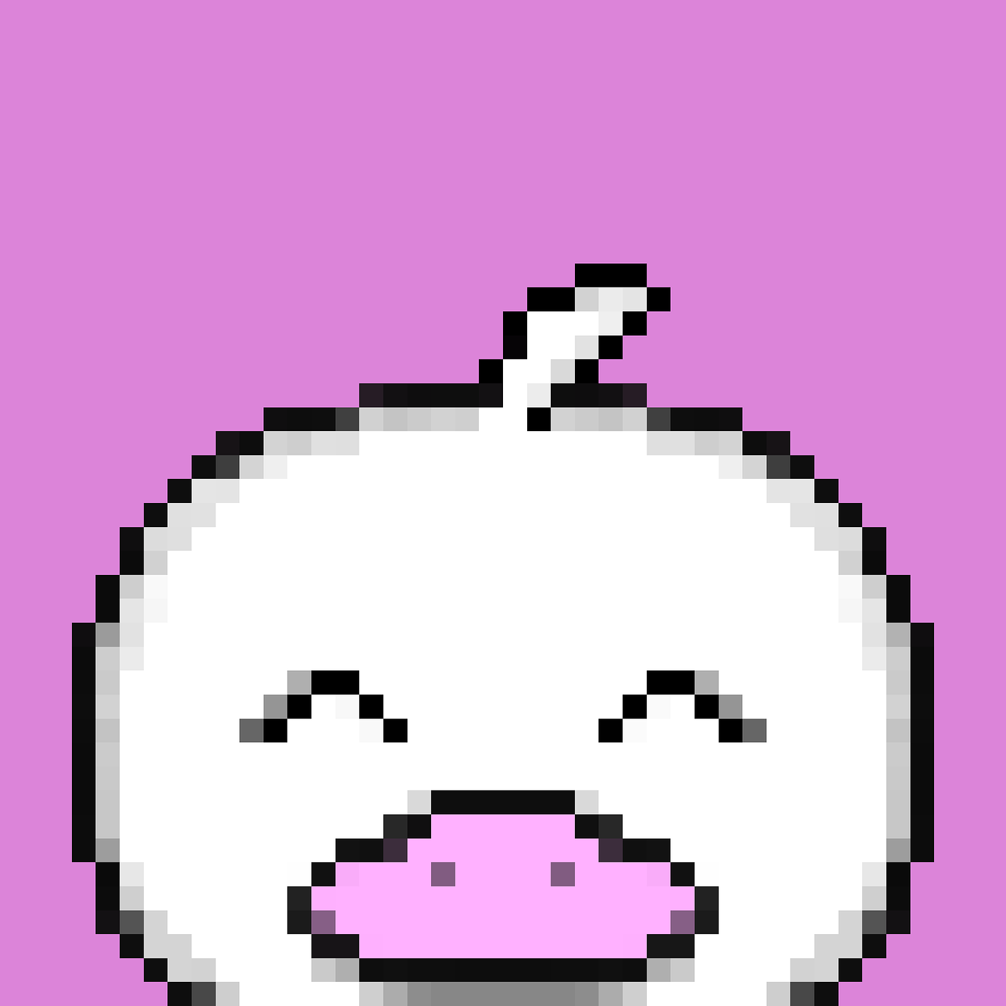 A pixel art duck with a pink bill on a pink background