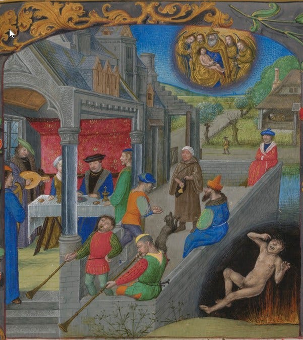 Mediæval illustration of Dives and Lazarus. Dives to be imagined saying "Defund the Police"