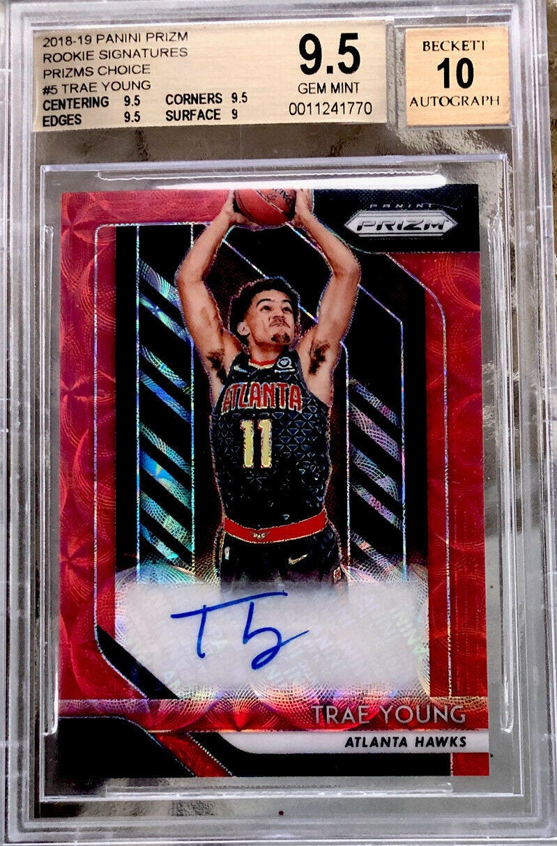 Image 1 - 2018-19-Trae-Young-Panini-Red-Prizm-Rookie-Signatures-Autograph-Auto-RC-BGS-9-5