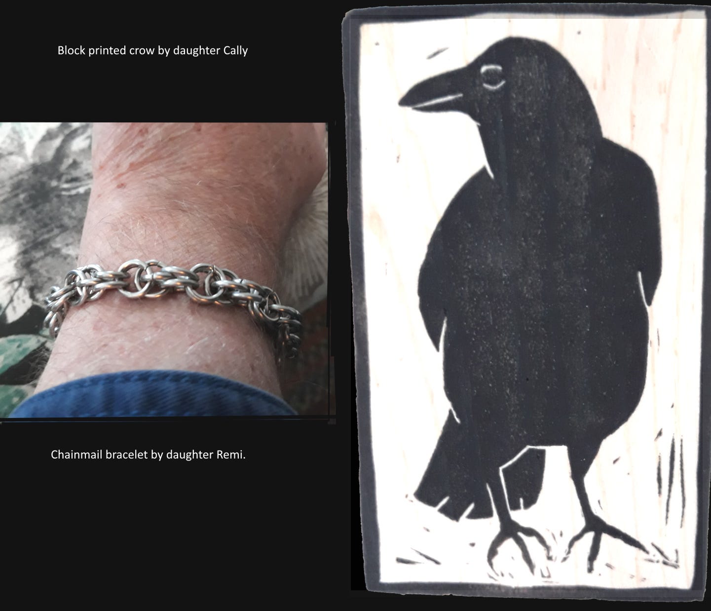 Chainmail bracelet and block print crow.