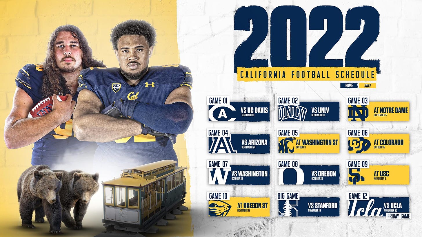 2022 Cal Football Schedule Announced