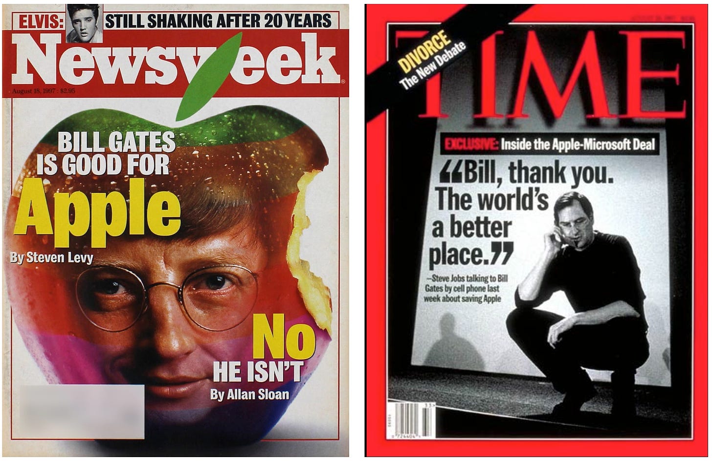 Two magazine covers. Newsweek "Bill Gates is good for Apple" and "No He isn't". And time Magazine with a photo of Steve Jobs on the phone and q quote "Bill, thank you. The world's a better place".