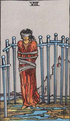 An image of the Eight of Swords, described in the transcript.