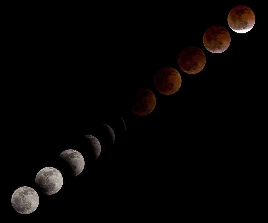 Succession of moon images showing total eclipse and reddish color.