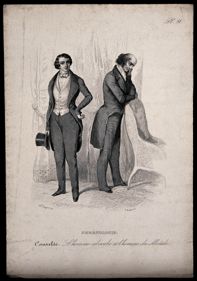 An introverted and an extroverted man; exhibiting excessive and lacking propensities connected with the faculty of causality (reflective thought) in phrenology. Steel engraving by E. Monnin, 1847, after H. Bruyères. Iconographic Collections Keywords: Hippolyte Bruyères; Ernest Monnin