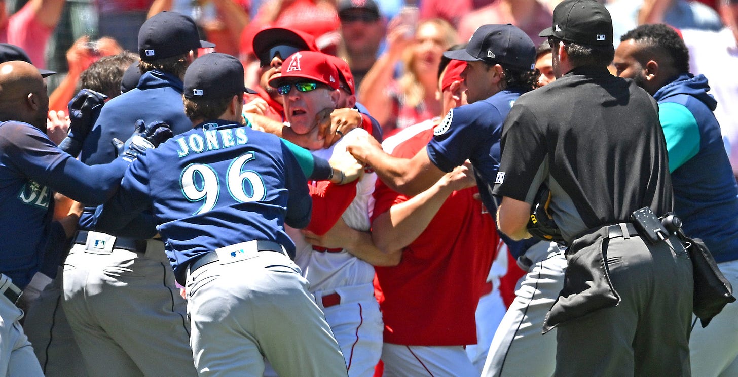 The Los Angeles Angels and Seattle Mariners cleared the benched during a brawl in the second inning at Angel Stadium.