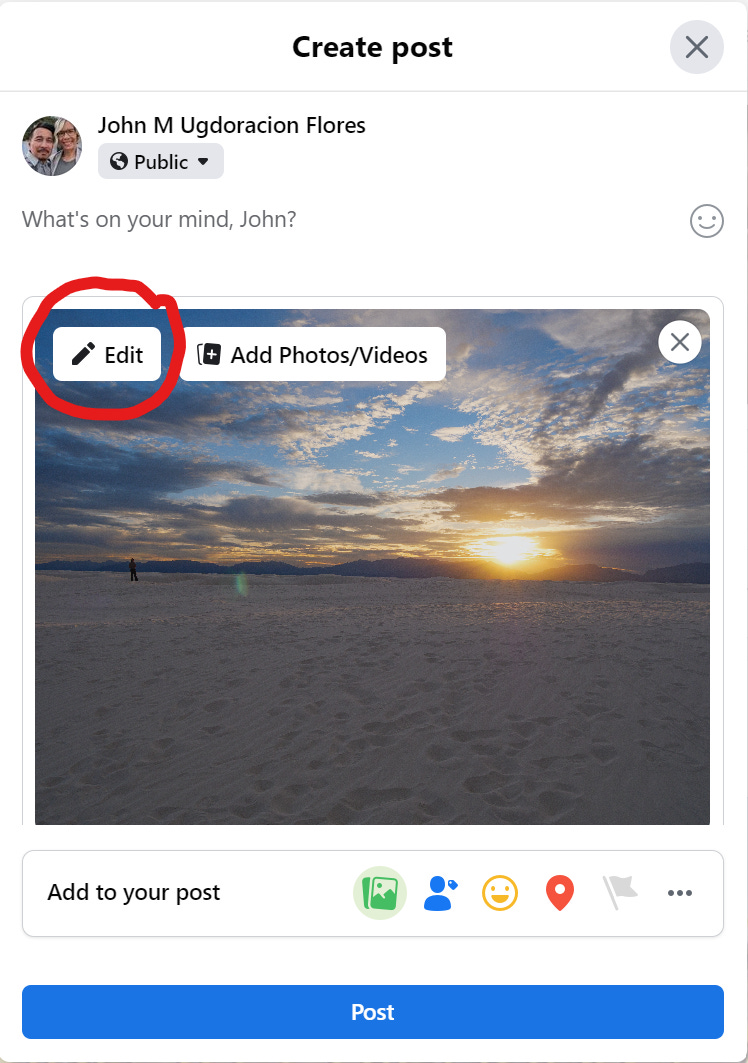 Screen grab of the "Create post" window on Facebook with an image uploaded and the Edit button circled in red.