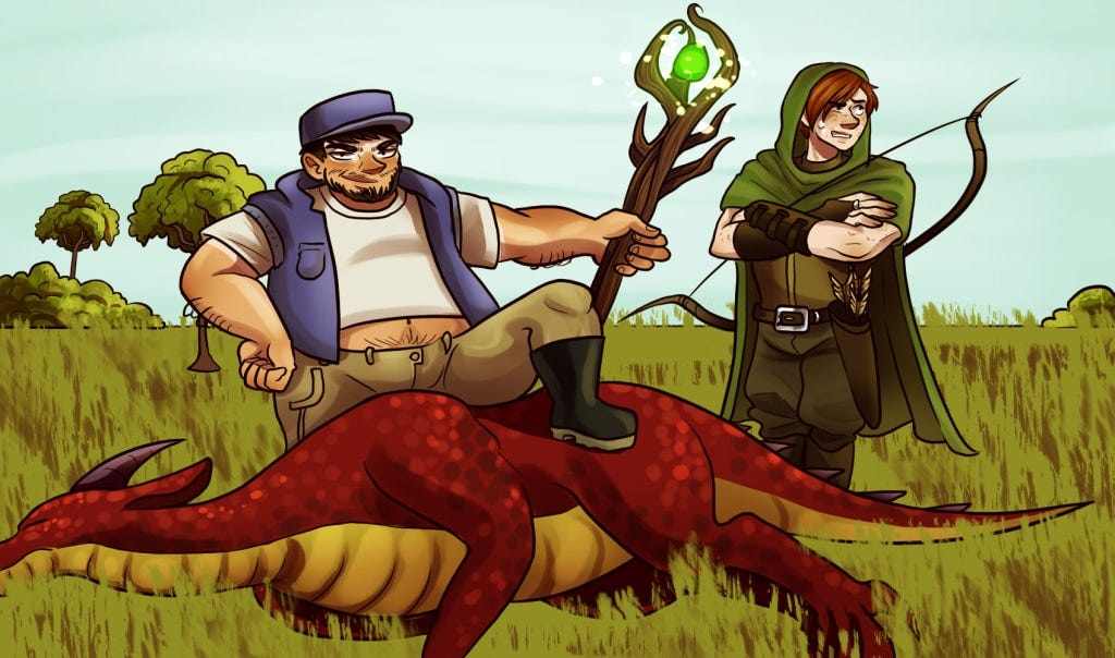 A portly Earth tourist poses smugly on the body of a dragon he has killed, while a young ranger looks embarrassed