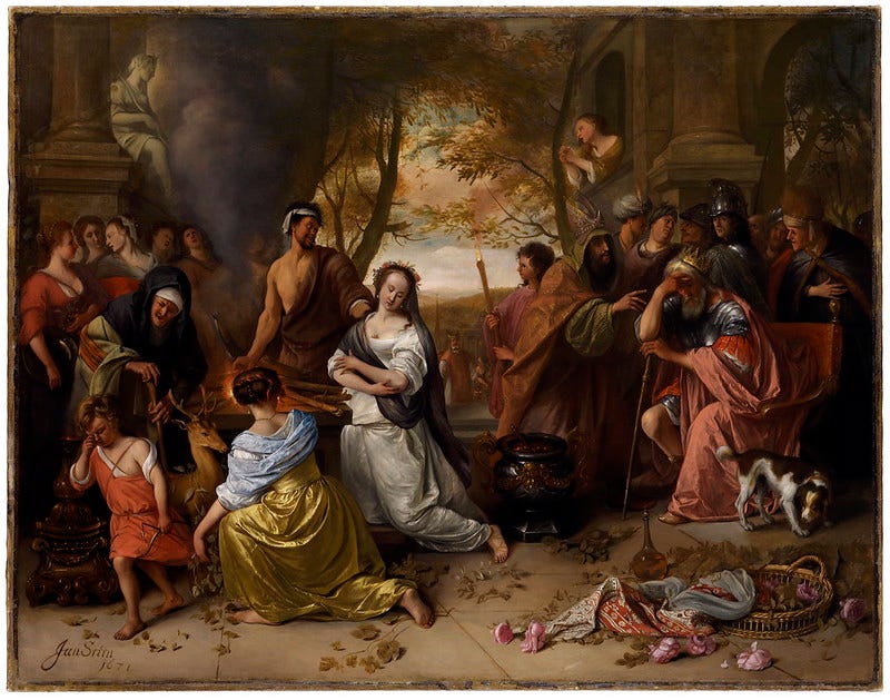 A realist oil painting depicting Iphigenia at the altar, waiting to be sacrificed by her father Agamemnon.