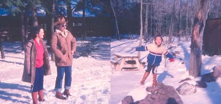 two photos from the author's childhood, both outdoors in the snow, one of her parents, and one of her in a swing