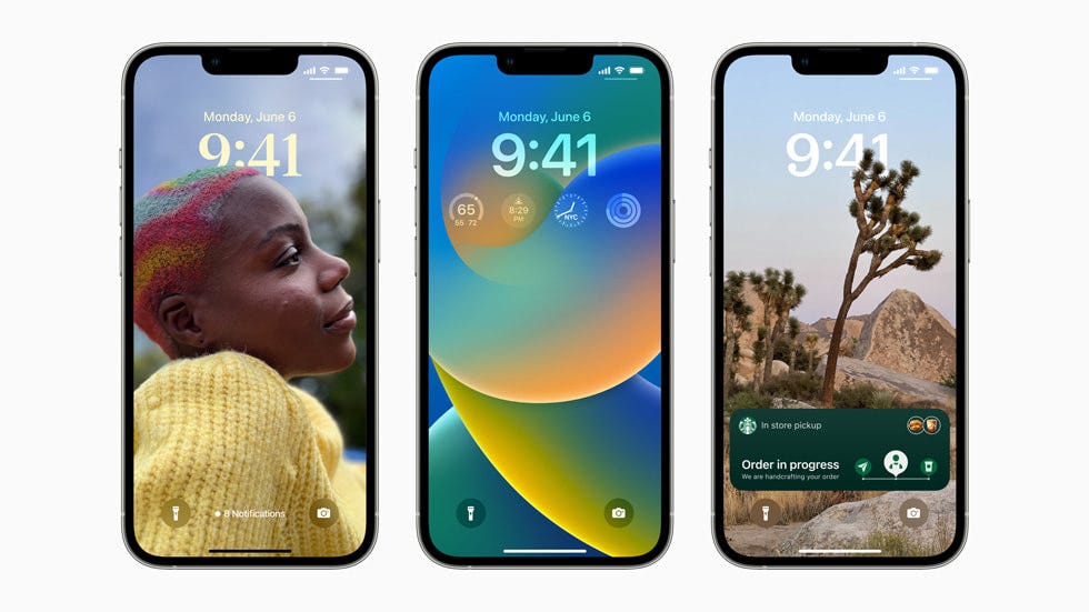 Five iPhone screens show iO6 16 and its new features.