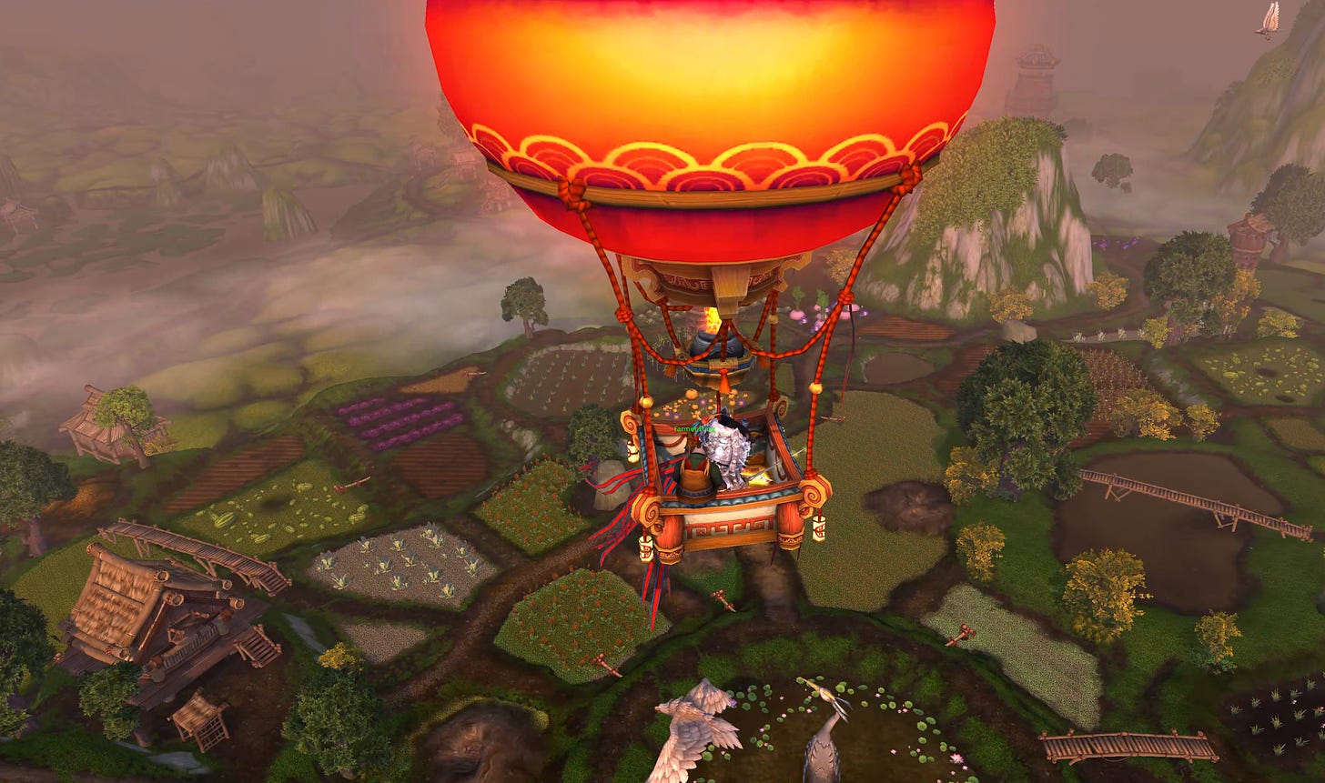 A bunch of players in a hot air balloon over a bunch of farmland with various crops.