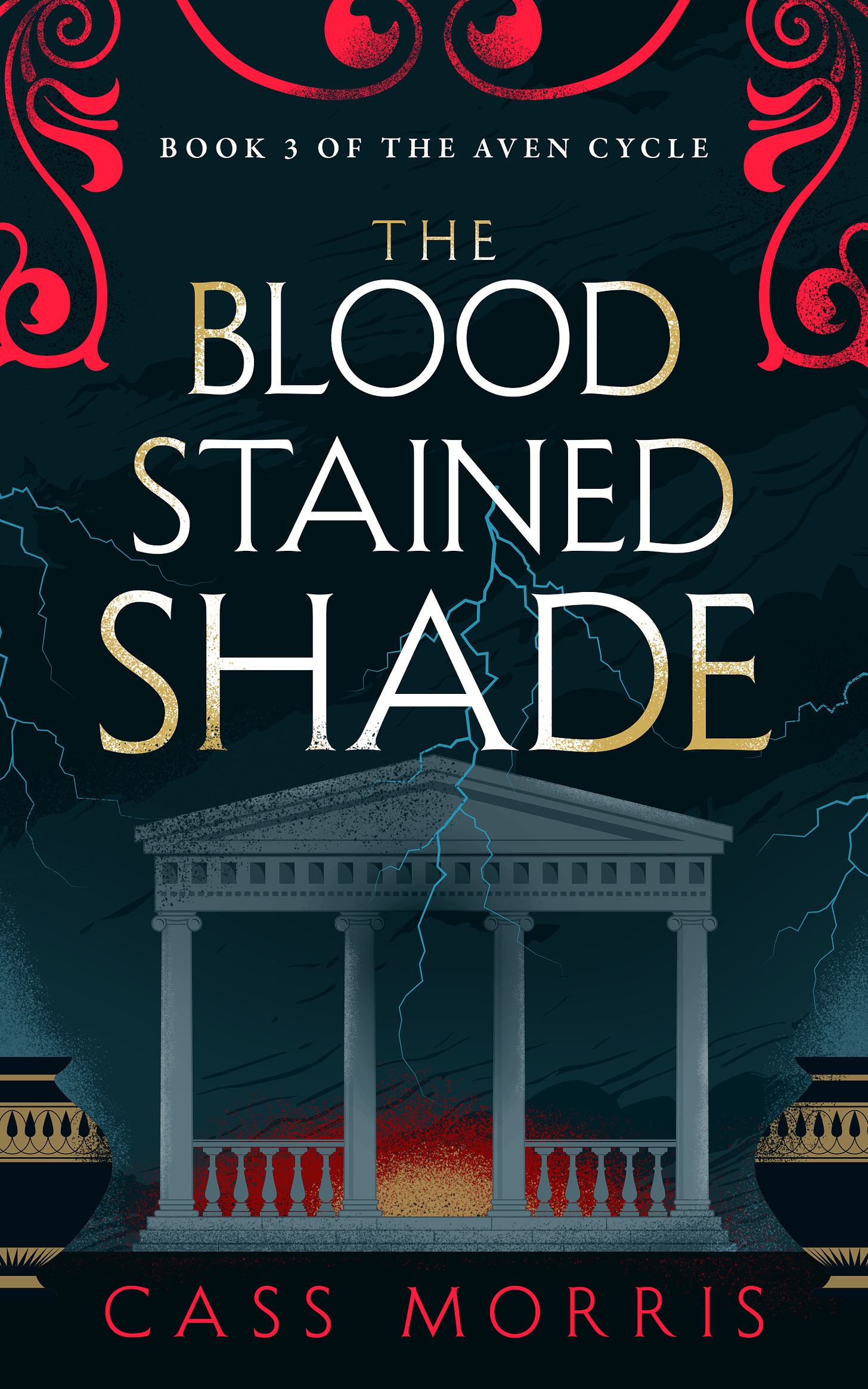 Book cover: THE BLOODSTAINED SHADE: gold text and red filigree on a black background; central image of a temple and dark clouds split by lightning