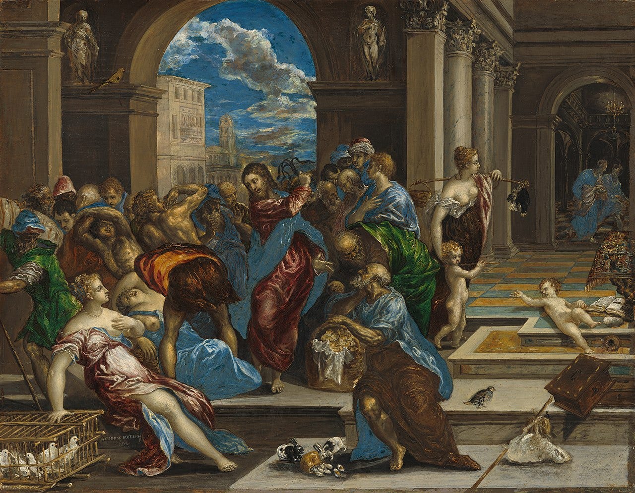 This is a Renaissance style painting that depicts the Bible verse in which Jesus takes a whip and knocks over tables and throws money lenders out of the Jewish temple. It's called "Christ Driving the Money Changers from the Temple" and it's by the Greek painter El Greco. There are a lot of like, cherubs and naked women fainting, all of it's very Greek/Roman style but Jesus himself is dressed in scarlet and is wearing a blue toga or something over it. The colors are actually pretty vivid and nice, but of course Jesus and all the people weren't all this white irl