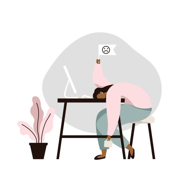 Work burnout. Tired female worker sitting at the table. Long working day in the office. Mental health problem. Flat vector illustration. pressure stock illustrations