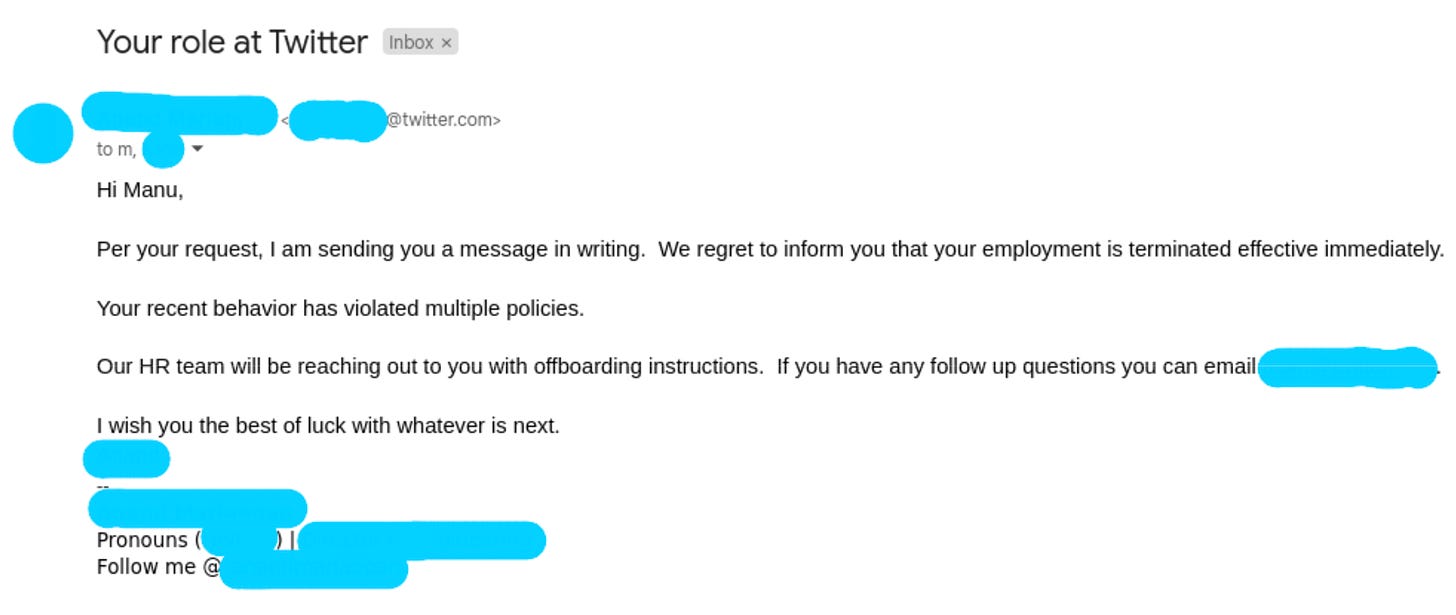 The termination email software engineer Manu Cornet received from Twitter. Source: Manu Cornet’s blog.