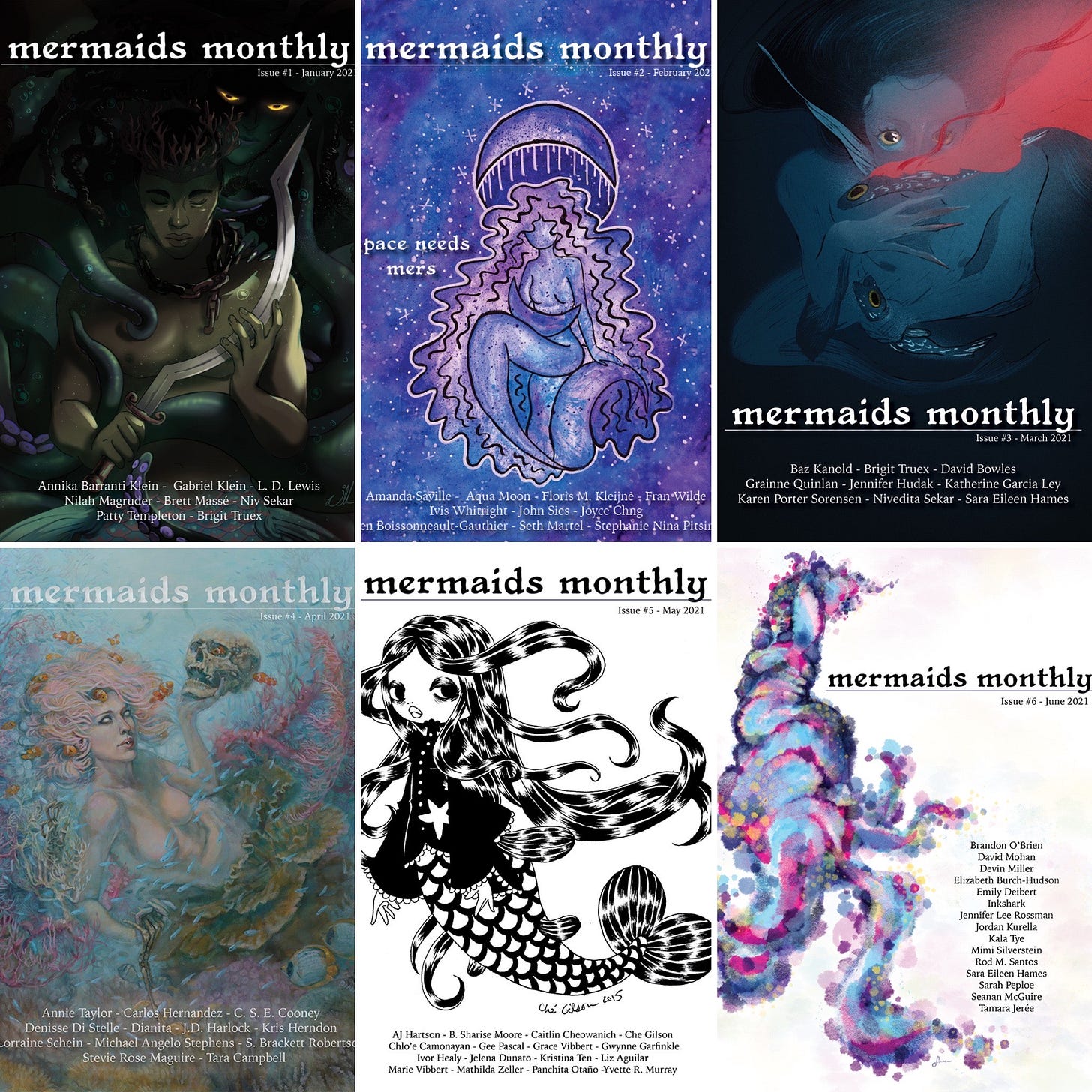 The first six covers of Merrmaids Monthly for 2021, arranged in a grid The first six covers of Merrmaids Monthly for 2021, arranged in a grid