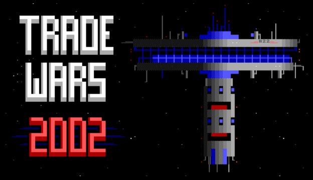 Trade Wars 2002 ANSI title screen, showing the title in block text and colorful text art of a space station.