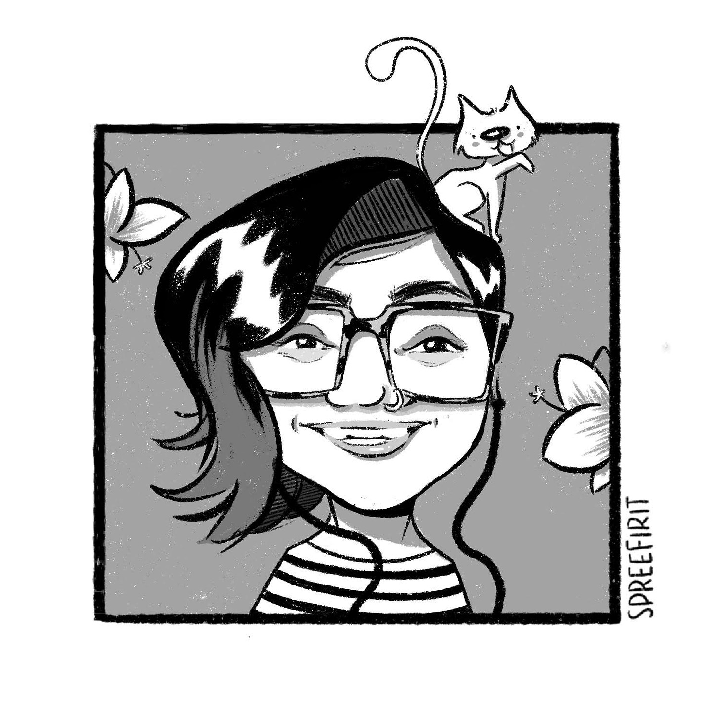 blakc and white illustration of me done by artist spreefirit. I am wearing large flasses ahve a flower in my hair and a cat on my head. 