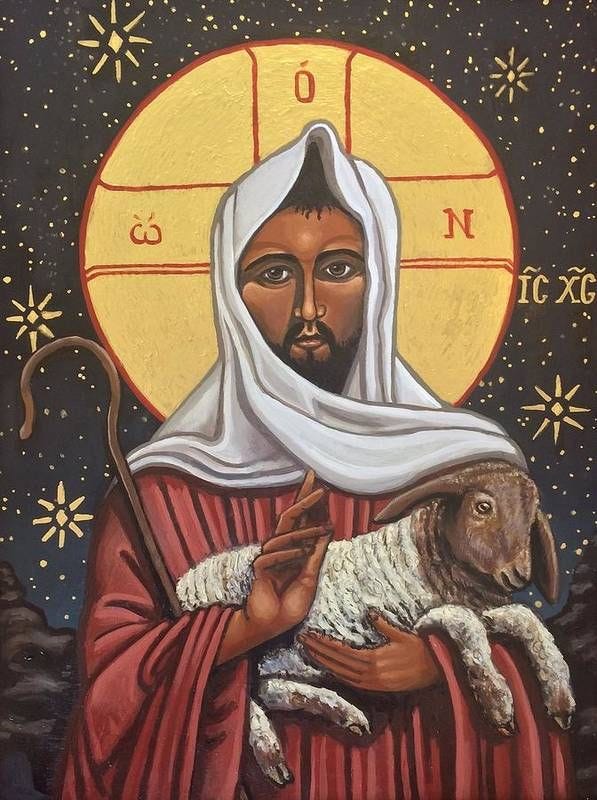 A traditional icon-style depiction of Jesus as a brown-skinned man holding a while and brown sheet against a black starry backdrop. He is dressed in traditional shepherd's garb.