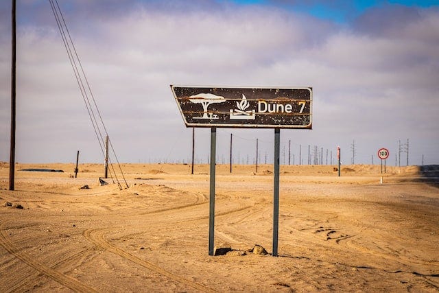 Stretch of desert with pylons, a signpost in the foreground which reads 'Dune 7' alongside tree and fire symbols