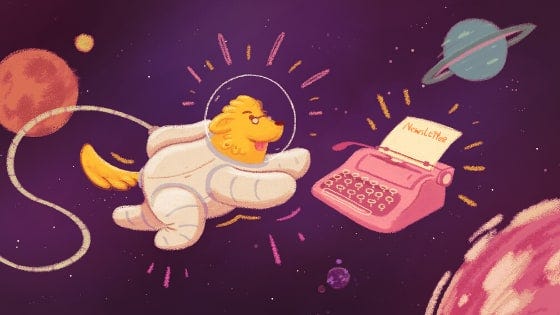 Desenho de um cachorro Golden Retriever em uma roupa de astronauta, indo em direção a uma máquina de escrever que flutua no meio do espaço sideral. 