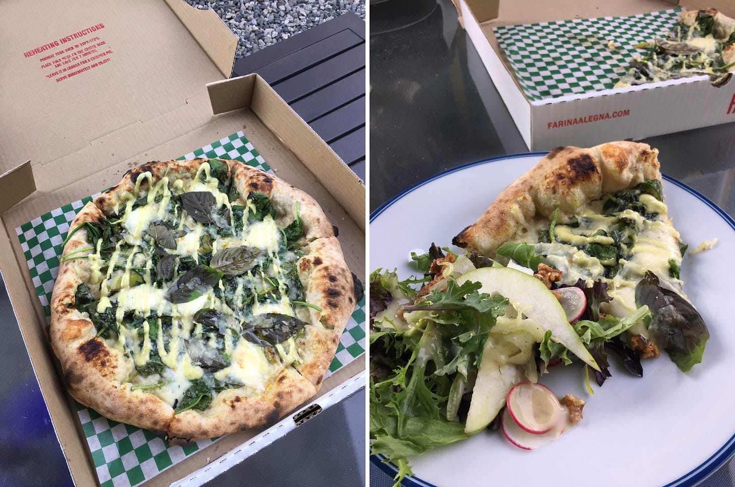 left image: an open pizza box showing a wood-fired pizza with basil leaves and a drizzle of mayo. Right image: a piece of the pizza on a plate next to a portion of the salad described in the caption. 