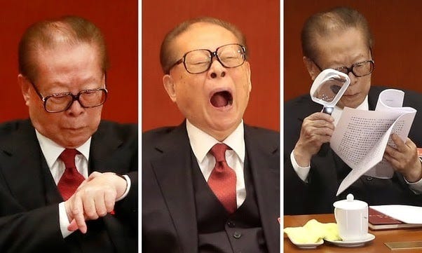 Three pictures of Jiang Zemin, looking at his watch, yawning, and examining some papers with a magnifying glass