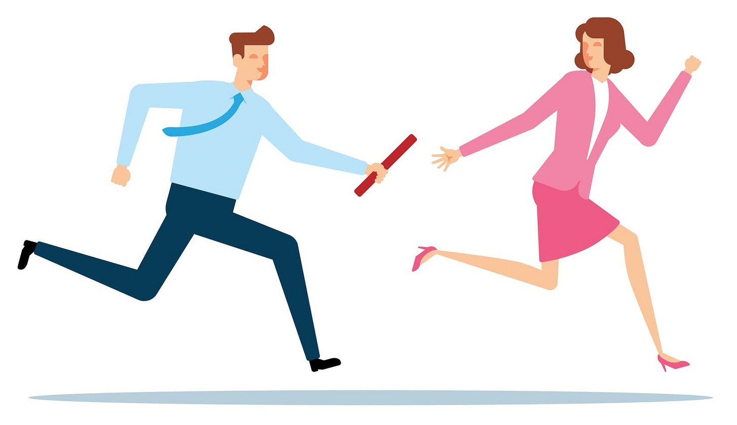 Clip art image of two people running in business attire passing a baton. Clip art image of two people running in business attire passing a baton.