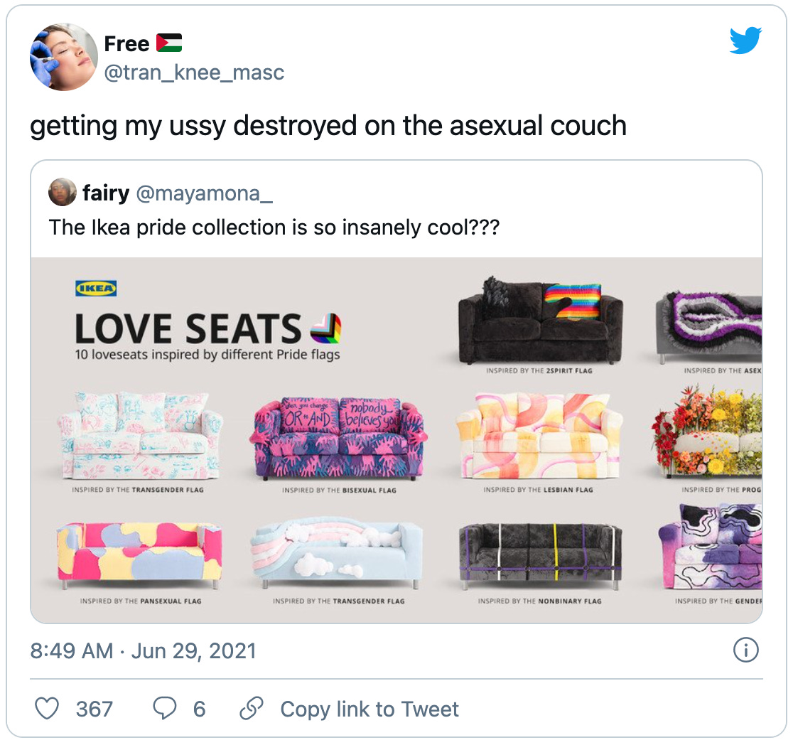 Tweet by @tran_knee_masc that reads: "getting my ussy destroyed on the asexual couch"