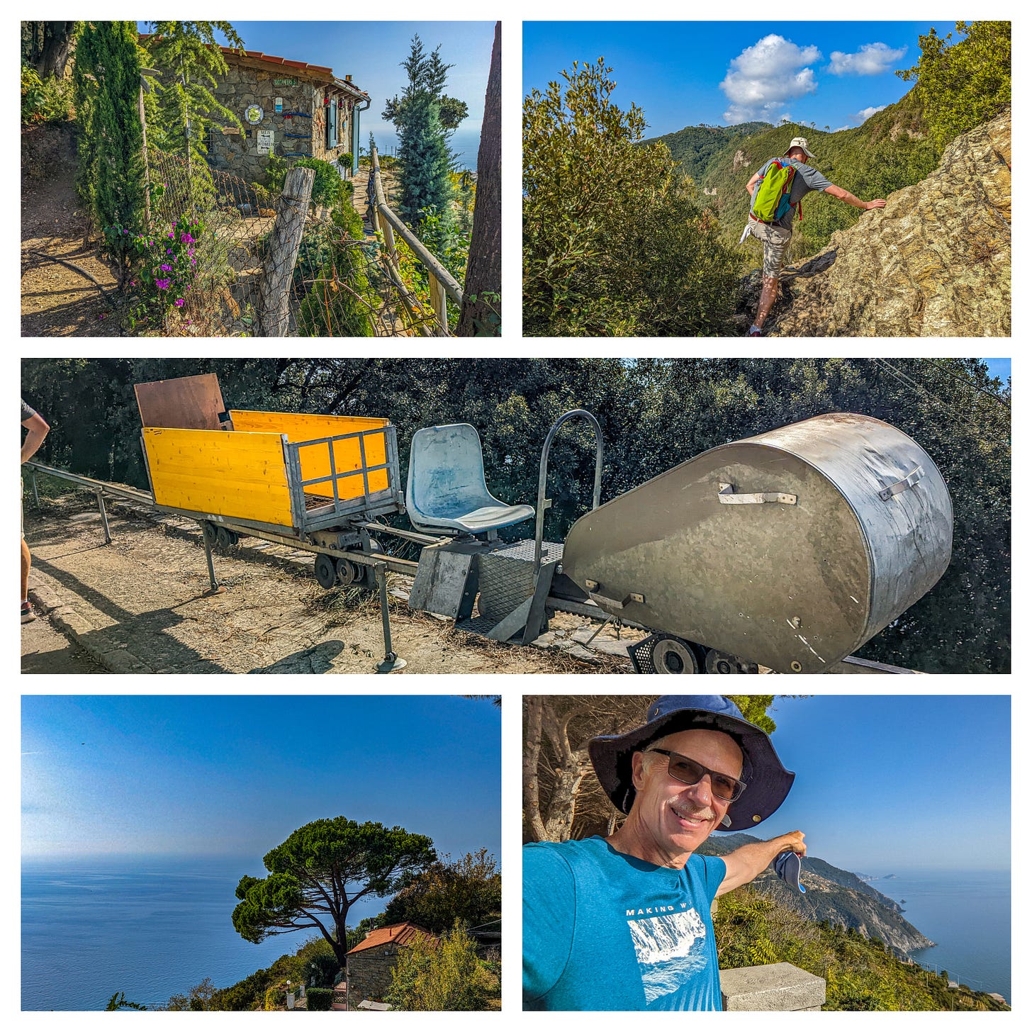 Photos showing the hike from Portovenere including a stone building, Brent walking along the trail, a carrier to haul grapes along the rails, a lone tree with the ocean behind it, and Michael pointing back toward Portovenere far behind them. 