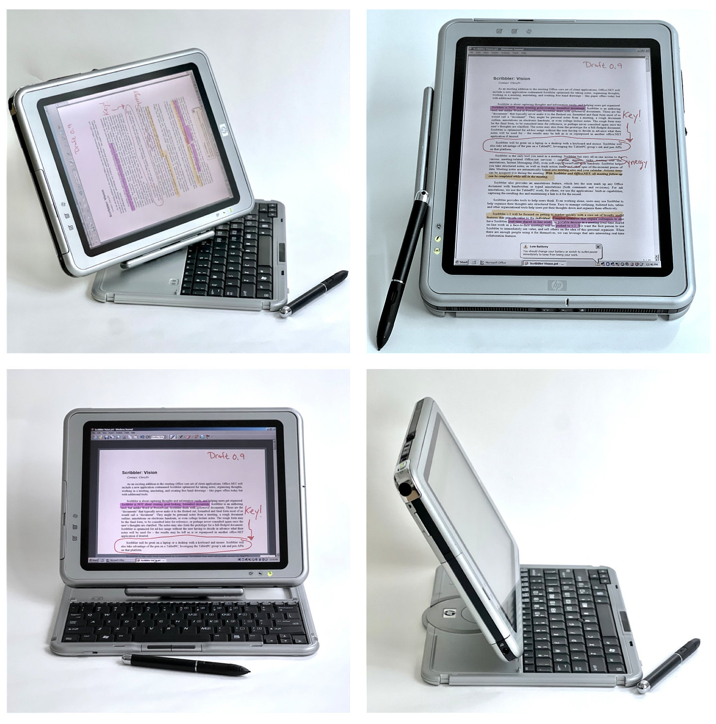 Four images of the HP tablet showing it in various screen and keyboard positions where it is folded like a tablet or a laptop.