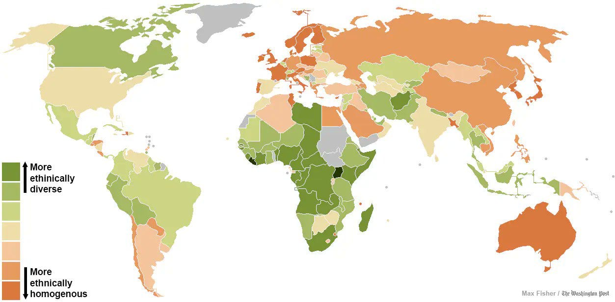 A revealing map of the world's most and least ethnically diverse countries