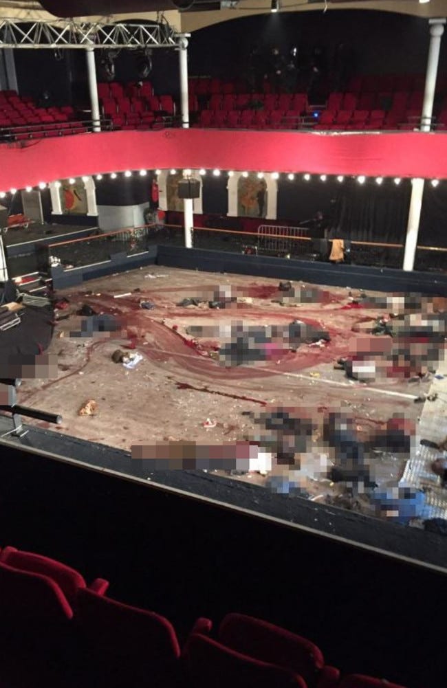 Unbelievable horror ... The aftermath of the terror attack inside the Bataclan concert hall. Picture: Mirrorpix