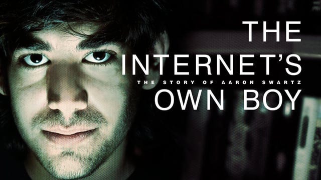 Poster for "The Internet's Own Boy" documentary with Aaron Swartz's headshot 