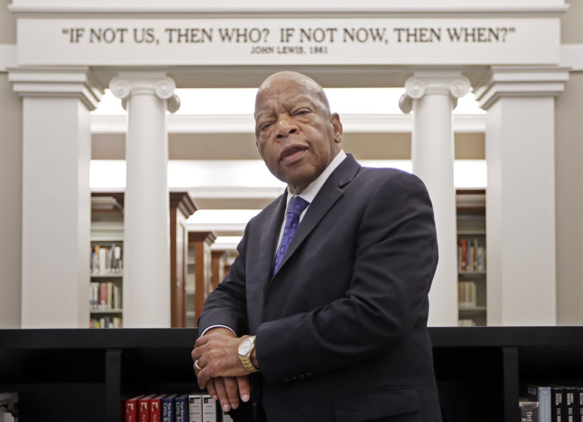 John Lewis in the downtown Nashville Public Library, with his quote: "If not us, then who? If not now, then when?"