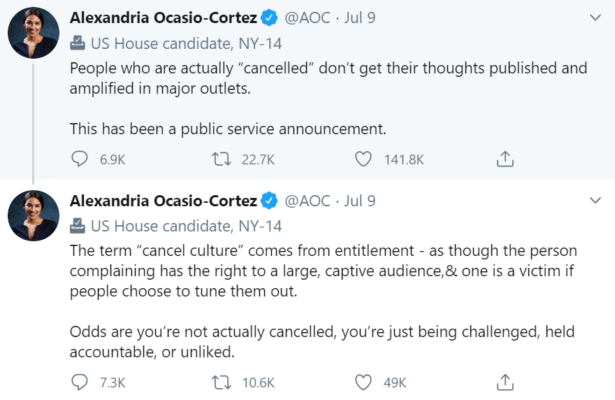 Wokal Distance on Twitter: &quot;1/ In picture 1 AOC says Cancel Culture doesn&#39;t  exist. In picture 2 Charles Blow says Cancel Culture doesn&#39;t exist. In  Picture 3 Indya Moore says Cancel Culture