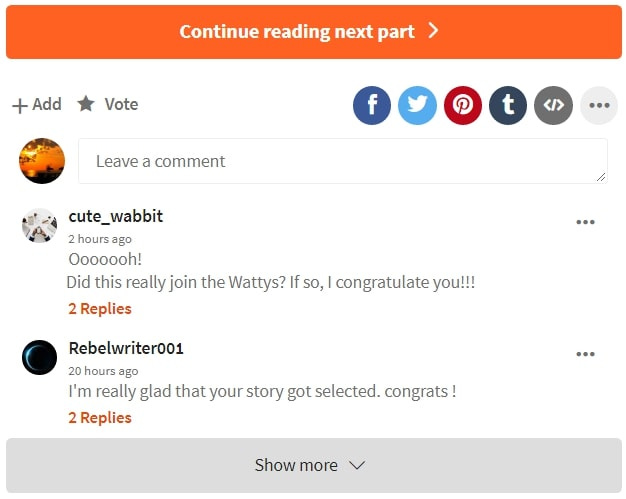 A series of comments on a Wattpad story