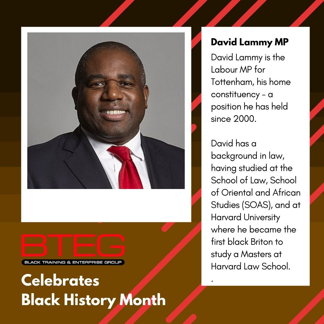 A photo of David Lammy MP on a brown gradient background, with text to the right on a white box with her history. Below, BTEG logo and white chunky text reading BTEG Celebrates Black History Month.