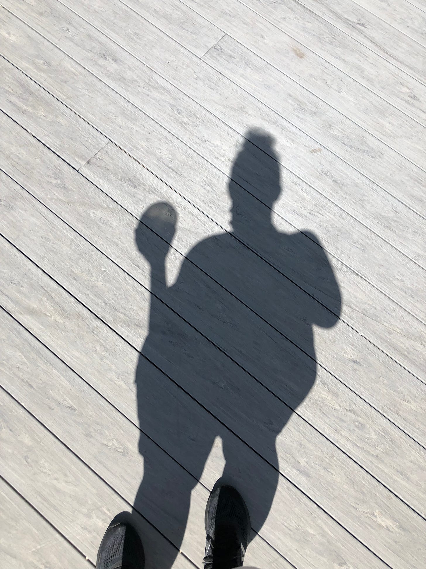 the shadow of a person cast onto a gray wood patio