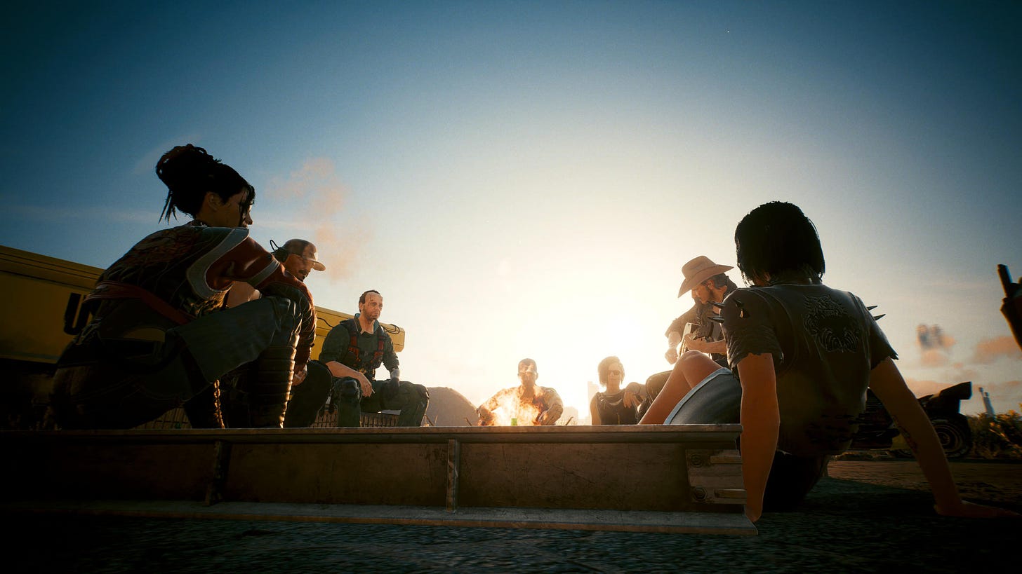 A group of characters is sitting around a campire. One man plays the guitar while others are listening. They seem relaxed. 