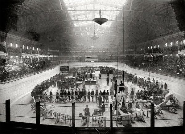 For almost fifty-years, Madison Square Garden hosted the much-celebrated 6 Day Bicycle Race. This photo depicts the cycle track and its crowd in 1901. News of the "Great Wheel Race" inevitably made its way west, landing in the pages of The Arizona Republican and beyond.[8] 