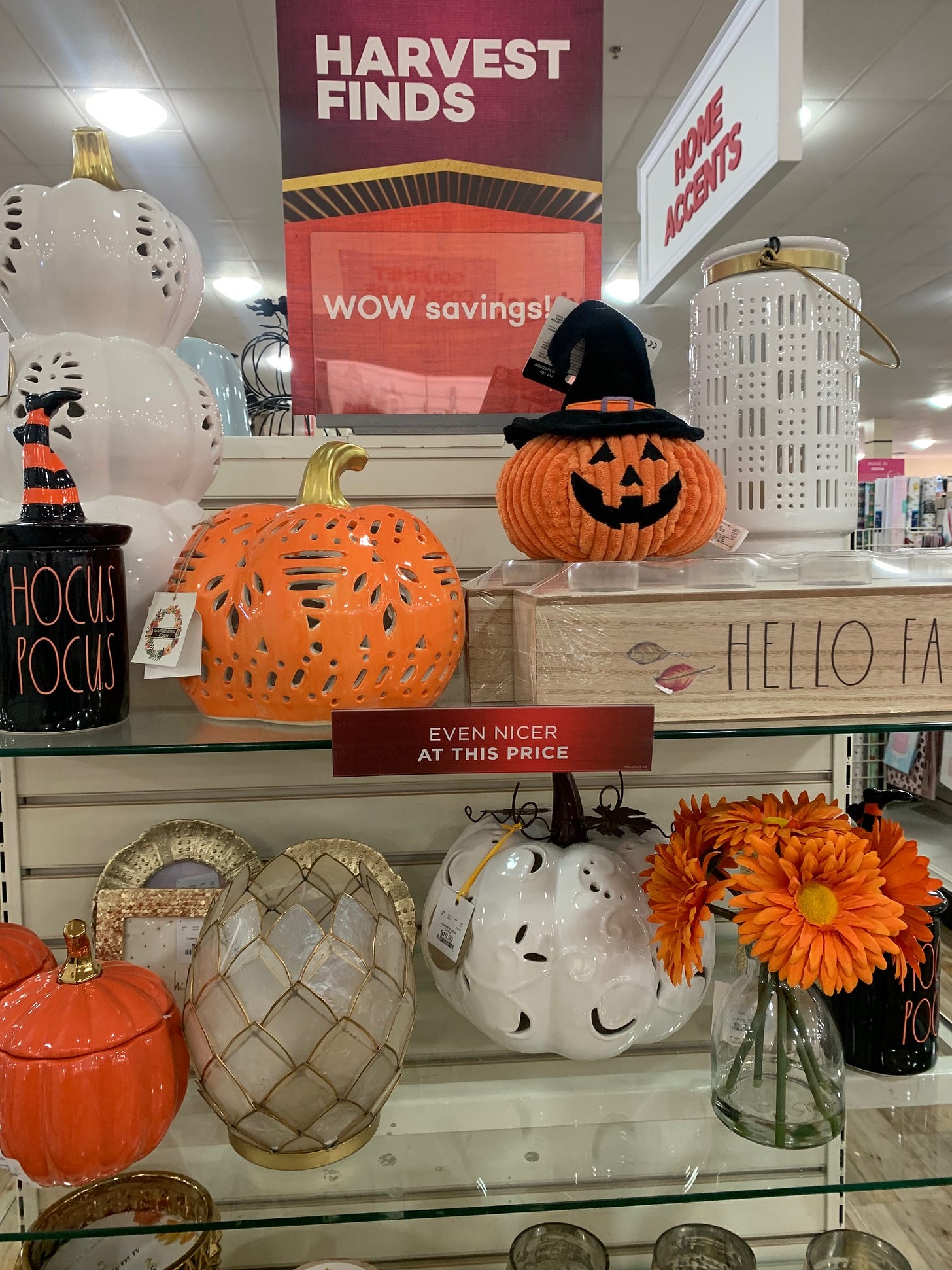 A range of ceramic and felt pumpkins at HomeGoods on a shelf